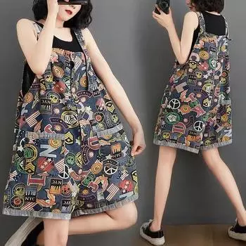 Летнее платье большого размера, джинсовые комбинезоны с принтом, брюки с пятью точками, высокая талия, тонкие свободные тонкие широкие шорты для женщин M разноцветный