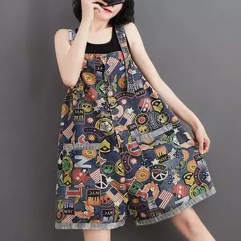 Летнее платье большого размера с принтом, джинсовая ткань, свободный повседневный женский комбинезон больших размеров XXL