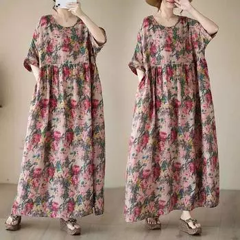 Летнее платье большого размера с круглым вырезом, розовое с принтом, с большими складками, длинное в стиле бохо One size