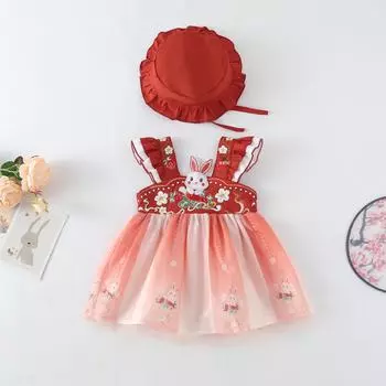 Летнее платье-ципао в китайском стиле 2023 года для маленьких девочек (0-2 года) 90 cm кирпич красный