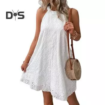 Летнее платье длиной выше колена, однотонное стильное женское летнее повседневное платье с бретелькой на бретельках с цветочным принтом S белый
