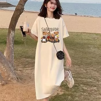 Летнее платье для беременных 2024: Стильное короткое рукаво, свободный крой, длина ниже колена, боковой разрез для будущих мам L (105-125 jin)