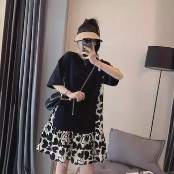 Летнее платье для беременных с цветочным принтом: Корейский стиль, большой размер 2XL чёрный