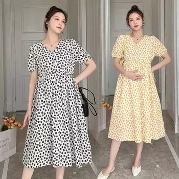 Летнее платье для беременных свободного кроя с цветочным принтом и V-образным вырезом для модных будущих мам M чёрный