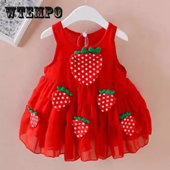 Летнее платье для девочек 0-5 лет, юбка для маленьких девочек, детский шифоновый жилет без рукавов, юбка, милая юбка-тортик, клубничная юбка 120