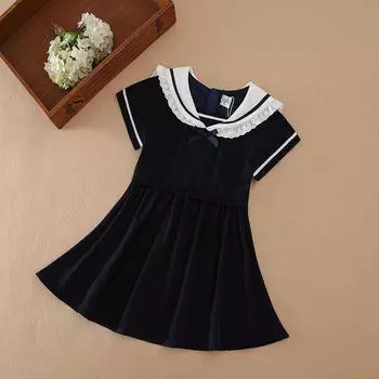 Летнее платье для девочек, 100% хлопок, темно-синяя одежда для детей от 2 до 6 лет с белым воротником, короткие рукава, детские платья 90 темно-синий