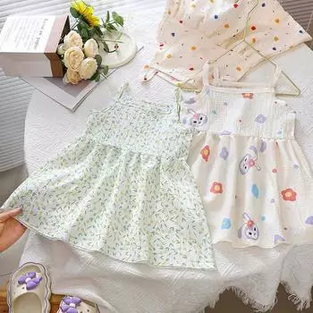 Летнее платье для девочек 2025 года, новое детское платье с цветочным принтом для маленьких и средних детей, жилет без рукавов для маленьких девочек, юбка, тонкая юбка 80