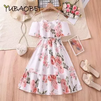 Летнее платье для девочек 8, 9, 10, 11, 12 лет, платья принцессы на подтяжках с цветочным принтом для больших детей, праздничная одежда 8Y