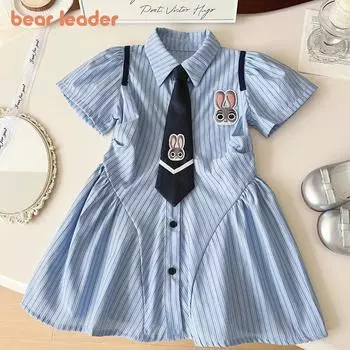Летнее платье для девочек Bear Leader, платья в полоску с милым мультяшным кроликом и вышивкой, детская одежда в академическом стиле для детей 2–9 лет QZ204 2T