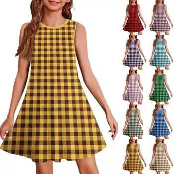 Летнее платье для девочек без рукавов с принтом в цвете, повседневное платье 110 бежевый