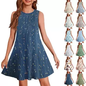 Летнее платье для девочек без рукавов с принтом в цвете, повседневное платье 110 армия зеленый