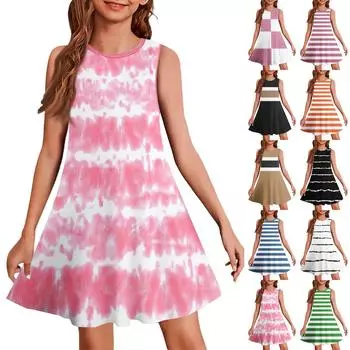 Летнее платье для девочек без рукавов с принтом в цвете, повседневное платье 110 чёрный