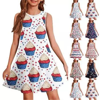 Летнее платье для девочек без рукавов с принтом в цвете, повседневное платье 160