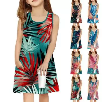 Летнее платье для девочек без рукавов с принтом, повседневное платье с карманом 100 армия зеленый