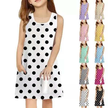Летнее платье для девочек без рукавов с принтом, повседневное платье с карманом 100 бежевый