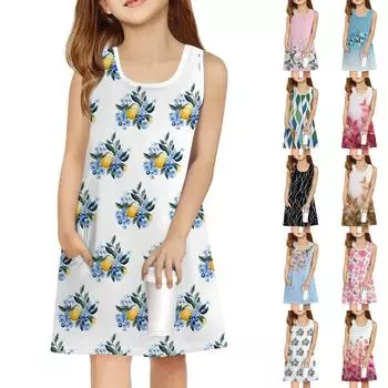 Летнее платье для девочек без рукавов с принтом, повседневное платье с карманом 100 чёрный