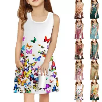 Летнее платье для девочек без рукавов с принтом, повседневное платье с карманом 100 армия зеленый