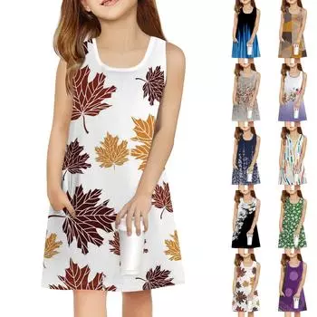 Летнее платье для девочек без рукавов с принтом, повседневное платье с карманом 100 чёрный