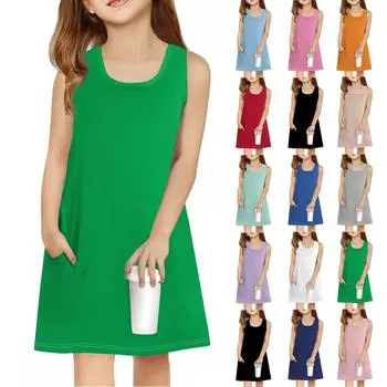 Летнее платье для девочек без рукавов с принтом, повседневное платье с карманом 100 чёрный