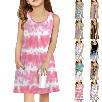 Летнее платье для девочек без рукавов с принтом, повседневное платье с карманом 100 бежевый