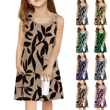 Летнее платье для девочек без рукавов с принтом, повседневное платье с карманом 100 зелёный