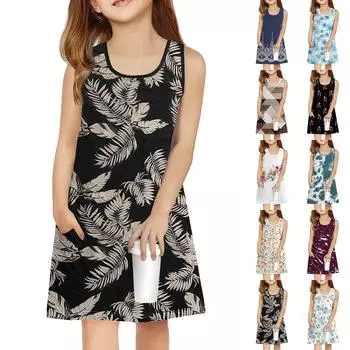 Летнее платье для девочек без рукавов с принтом, повседневное платье с карманом 100 бежевый