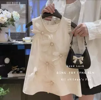 Летнее платье для девочек без рукавов, высококачественный свадебный костюм для девочки-цветочницы, трехмерное платье принцессы с цветами 140 белый