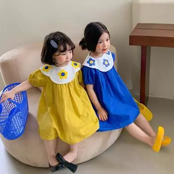 Летнее платье для девочек, детское платье, платье с кукольным вырезом и пышными рукавами 11