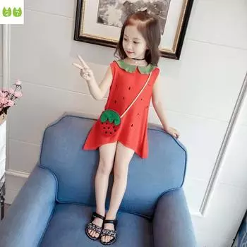 Летнее платье для девочек, милая клубничная хлопковая льняная цельная кукольная рубашка без рукавов 90cm красный