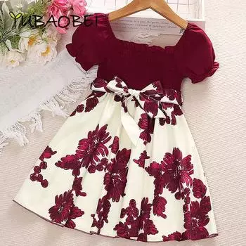 Летнее платье для девочек, новинка 2023 года, детское платье принцессы с короткими рукавами и цветочным принтом, детская одежда 2T красный