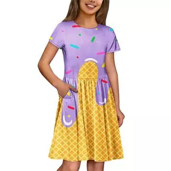 Летнее платье для девочек, однотонное платье без рукавов с принтом и карманом, повседневное платье, вечернее платье с короткими рукавами 120 фиолетовый
