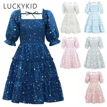 Летнее платье для девочек, платье с рюшами и короткими рукавами, цветочное платье для детей-подростков, новые клетчатые шифоновые вечерние платья принцессы, костюм S(7-8years old)