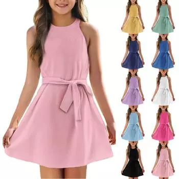 Летнее платье для девочек Платье без рукавов на бретельках Однотонное платье без рукавов с принтом Повседневное платье 110 чёрный