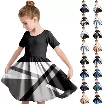 Летнее платье для девочек, платье для малышей, однотонное повседневное платье-футболка с коротким рукавом А-силуэта 110 чёрный