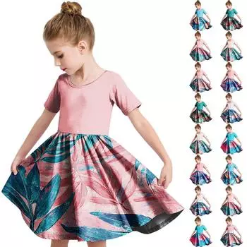 Летнее платье для девочек, платье для малышей, однотонное повседневное платье-футболка с коротким рукавом А-силуэта 110 синий