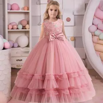 Летнее платье для девочек, розовое вечернее платье с вышивкой, детское платье подружки невесты для девочек, костюм с бантом, вечерние, свадебное платье принцессы для выпускного вечера 120CM темно-розовый