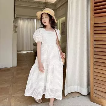 Летнее платье для девочек с квадратным воротником, юбка принцессы, детское милое платье 120cm