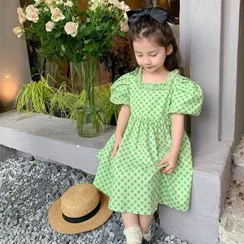 Летнее платье для девочек с рюшами и квадратным вырезом, платье с пышными рукавами 7