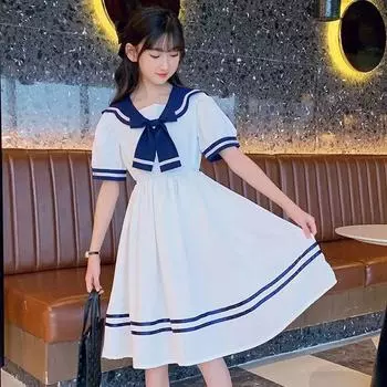 Летнее платье для девочек с темно-синим воротником в матросском стиле - модная юбка JK в студенческом стиле для подростков 120cm темно-синий