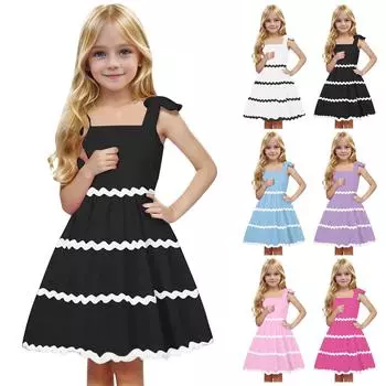 Летнее платье для девочек с завязками на талии, короткое пляжное платье на бретелях для отдыха на пляже 110 чёрный