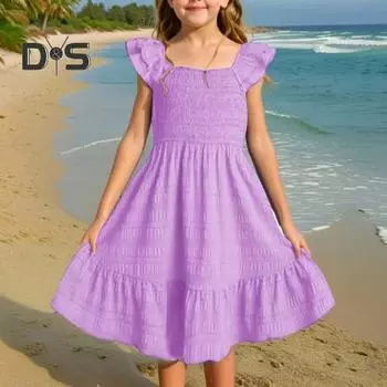 Летнее платье для девочек, сарафан с оборками на рукавах и квадратным вырезом, милое платье принцессы для пляжной вечеринки на день рождения 150CM синий