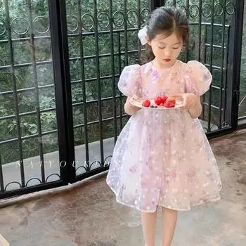 Летнее платье для девочек, сетчатая юбка с короткими рукавами, юбка принцессы для малышей 100