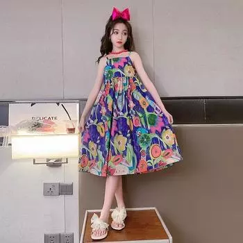 Летнее платье для девочек в стиле масляной живописи с юбкой-подтяжками 120 cm