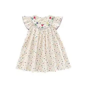 Летнее платье для маленьких девочек 1-7 лет, красочное платье принцессы в горошек с цветочной вышивкой 120