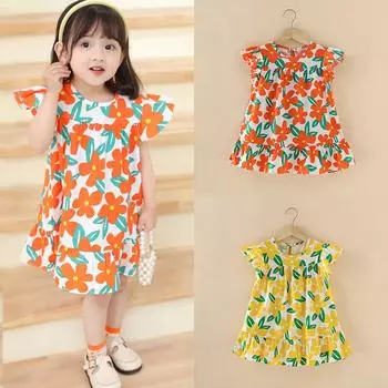 Летнее платье для маленьких девочек, детское детское шикарное милое повседневное платье с цветочным принтом, маленькое платье с летящими рукавами 120