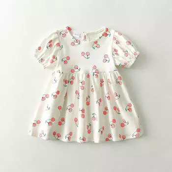 Летнее платье для маленьких девочек, хлопковое повседневное платье с вишневым принтом, платье для пикника на открытом воздухе для маленьких девочек 3T 100
