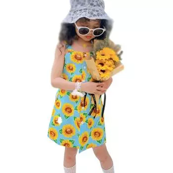 Летнее платье для маленьких девочек, платье принцессы с принтом подсолнечника, пляжная одежда, сарафан без рукавов, комбинезон с квадратным вырезом, От 3 до 8 лет 13