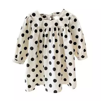 Летнее платье для маленьких девочек, пышное платье в горошек с рюшами и длинными рукавами, плиссированное платье с квадратным вырезом сзади и бантом, детская одежда, От 3 до 8 лет 13