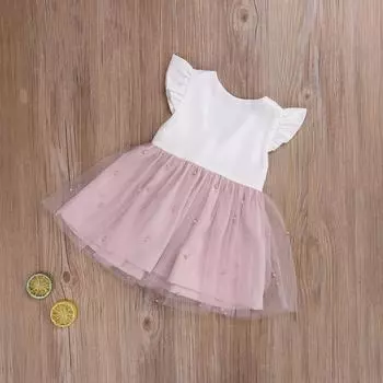 Летнее платье для маленьких девочек, платье с круглым вырезом и кружевной спиной с рюшами и застежкой-молнией, сетчатое многослойное платье принцессы для вечеринок TuTu 0-6 Months
