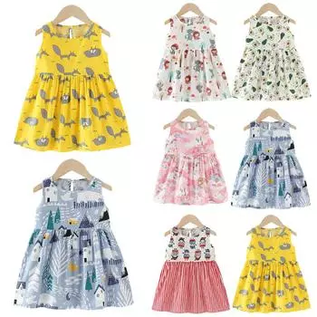 Летнее платье для маленьких девочек, милые платья без рукавов с мультяшным принтом, праздничная пляжная одежда 90